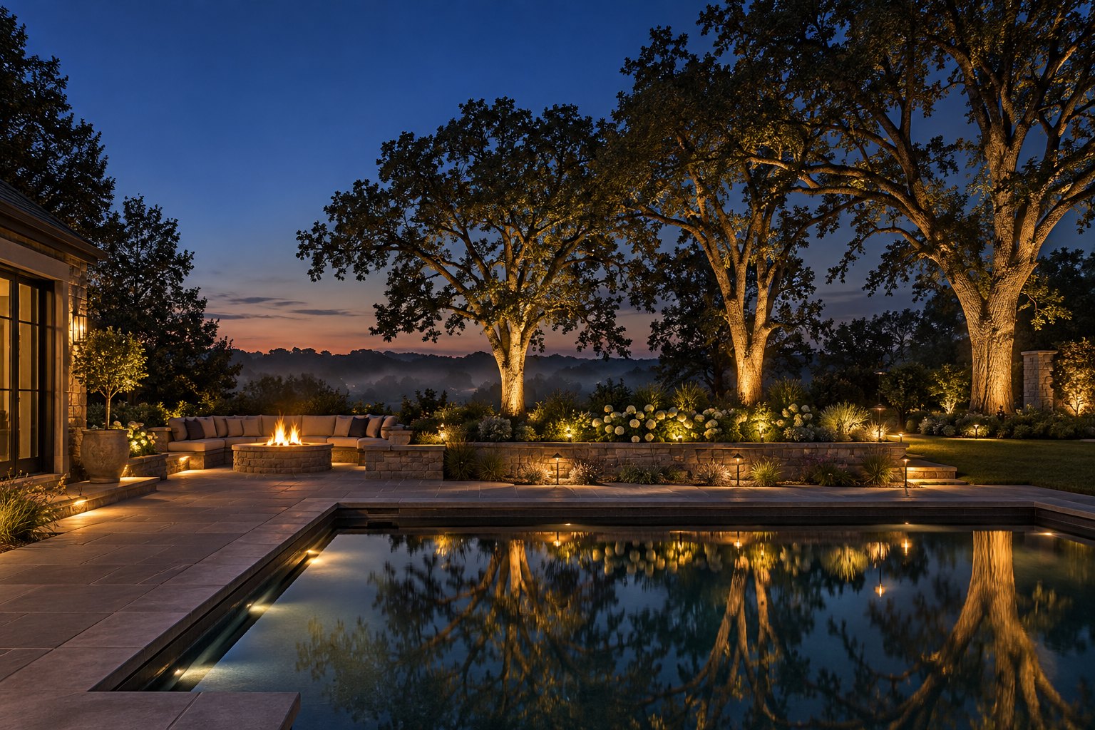Landscape lighting design illustration: a backyard patio at dusk with warm uplighting aimed into the surrounding trees