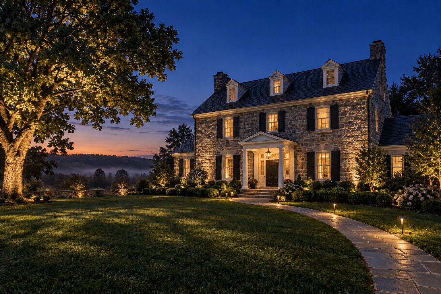 Landscape lighting on a stone colonial home in York County, PA - facade uplighting and lit walkway