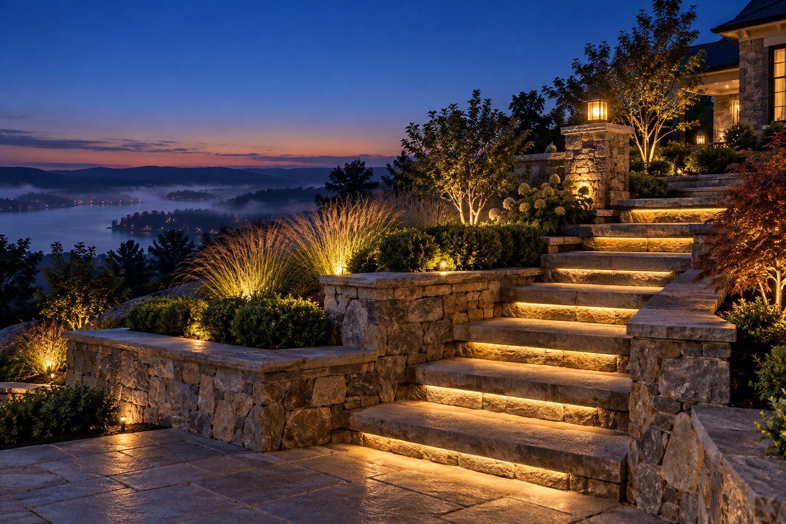 Landscape lighting design illustration: lit natural stone steps and a stone retaining wall with fixtures washing each tread