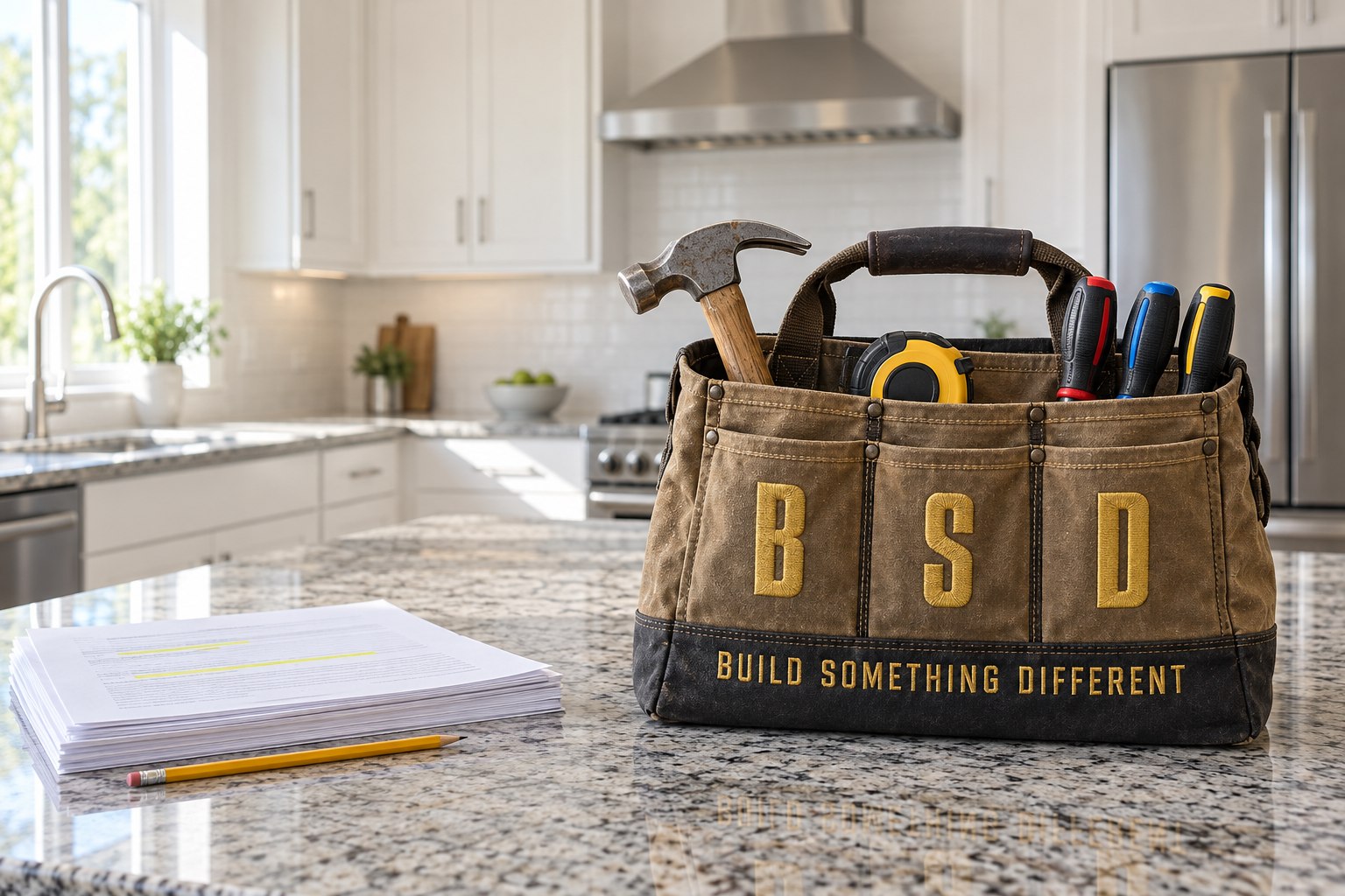 Bleecker St. Development tool bag and a home inspection repair list on a kitchen counter in York, PA