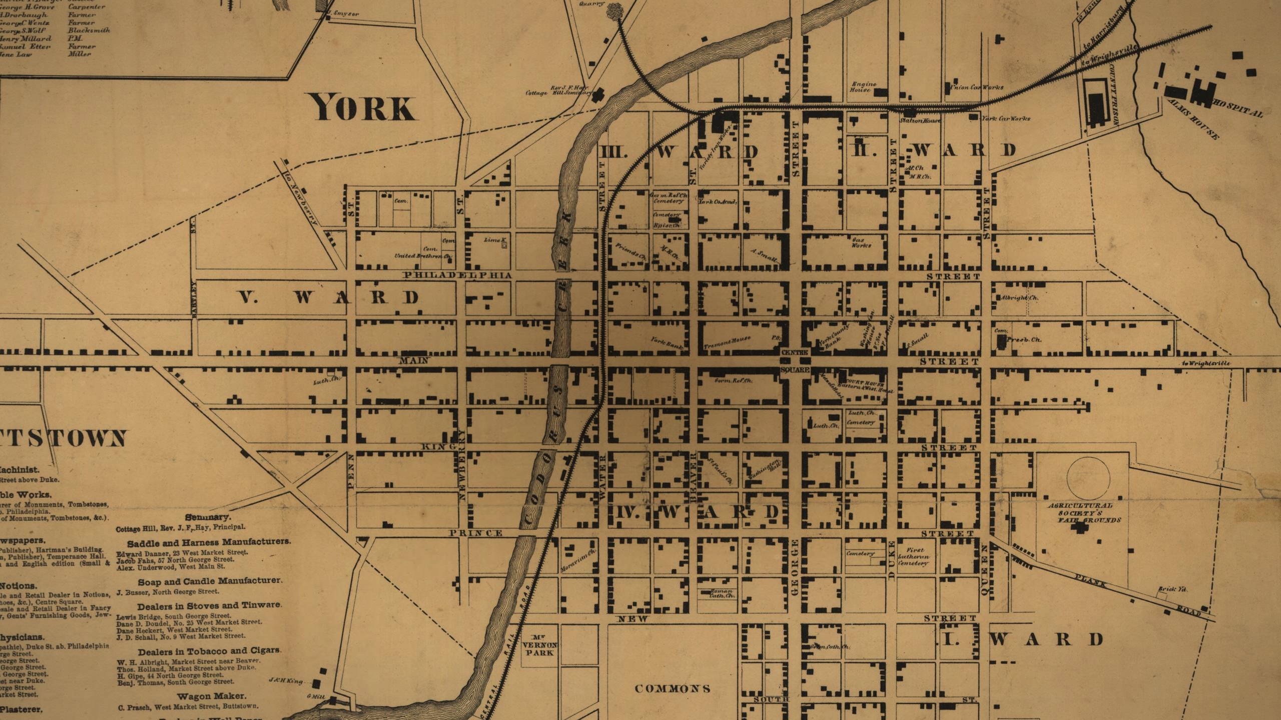 1860 map of York, Pennsylvania showing Centre Square, George Street and Codorus Creek