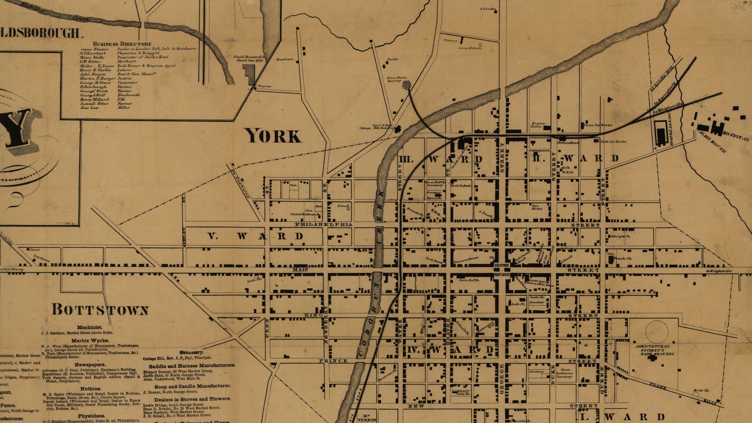 1860 map of York, Pennsylvania showing Centre Square, George Street and Codorus Creek