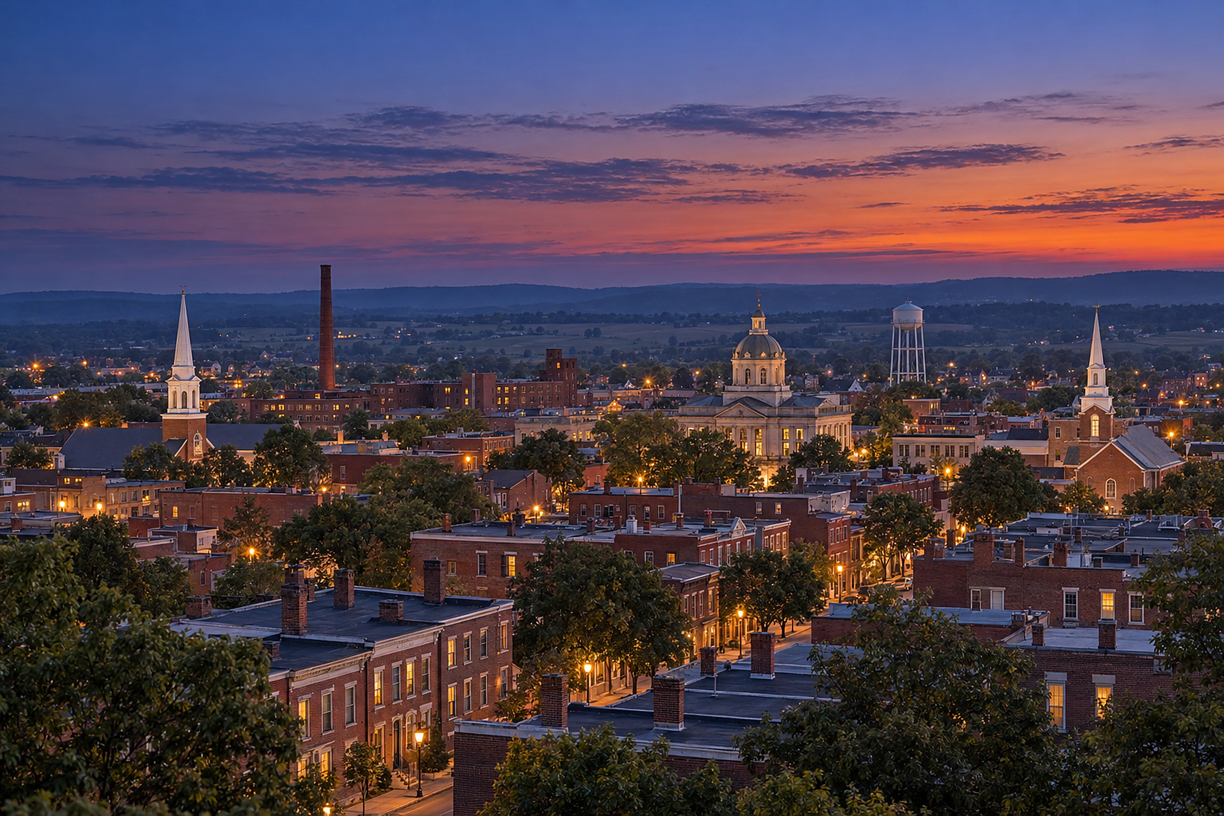 York, PA skyline at dusk - courthouse dome and downtown rooftops