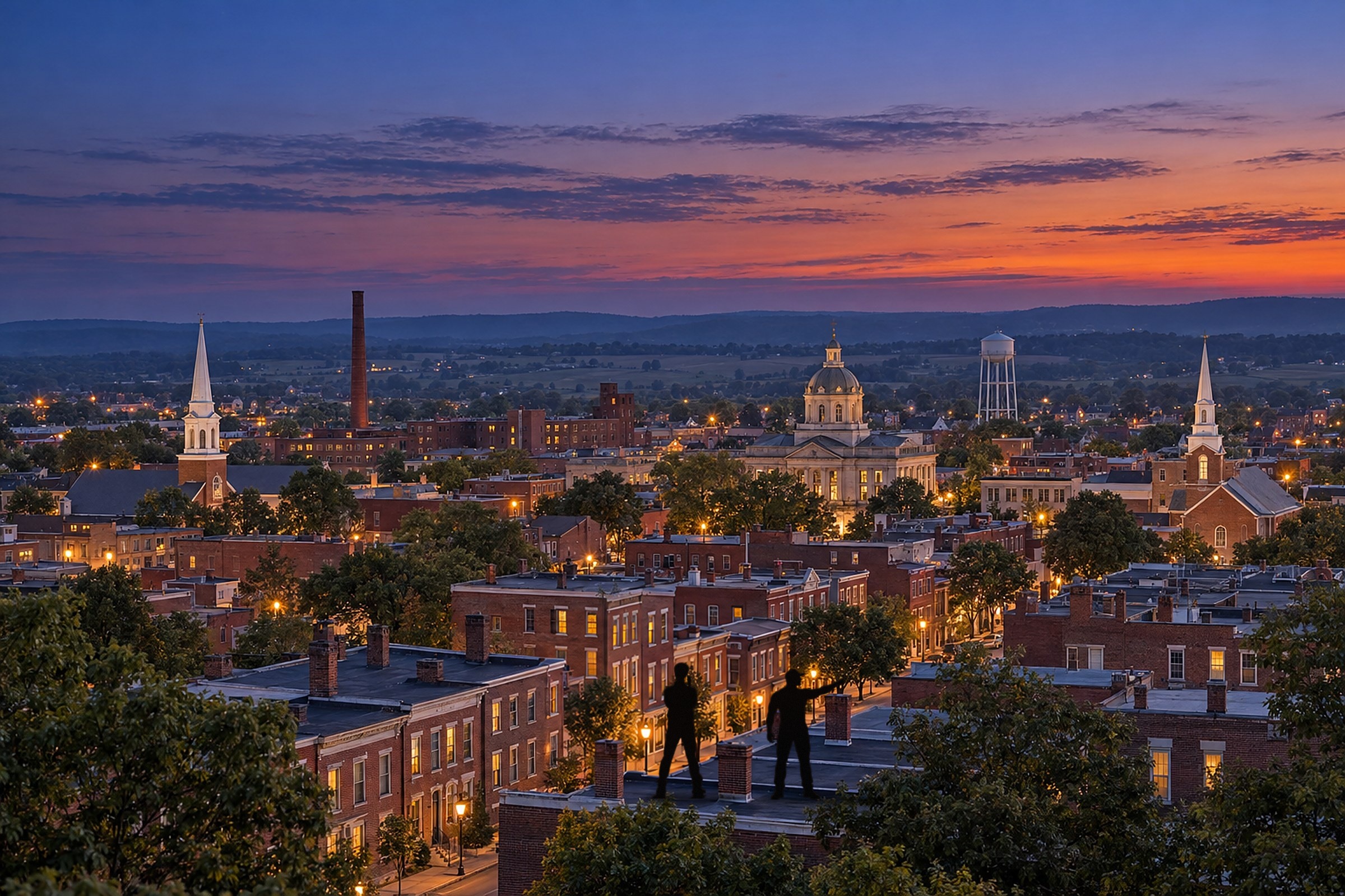 York, PA skyline at dusk - courthouse dome and downtown rooftops